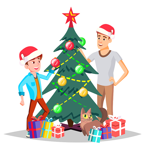 Father With Son Decorating A Christmas Tree Vector. Illustration
