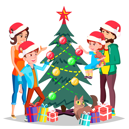 Parents With Children Decorating A Christmas Tree Vector. Illustration