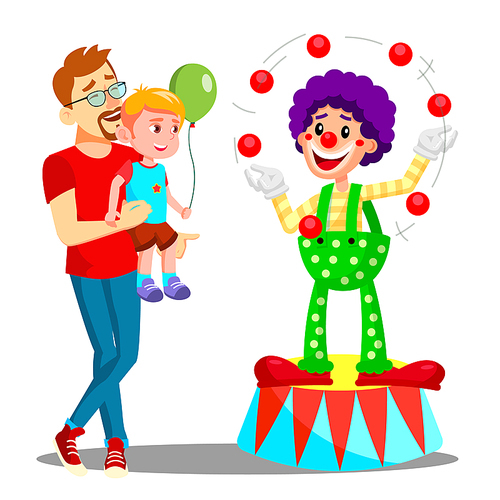 Father And Son In Amusement Park Vector. Clown. Illustration
