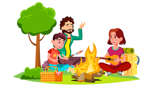 Happy Family With Children Sitting Around The Campfire Vector. Illustration