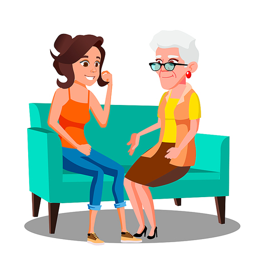 Adult Woman Talking To Her Mature Mother On The Couch Vector. Illustration