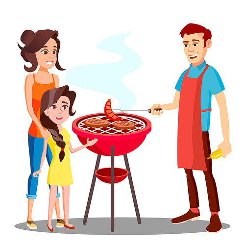 Happy Family Having Barbecue In The Outdoor Vector. Illustration