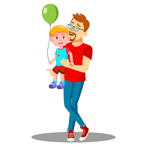 Young Father With A Child With Balloons In His Arms Vector. Illustration