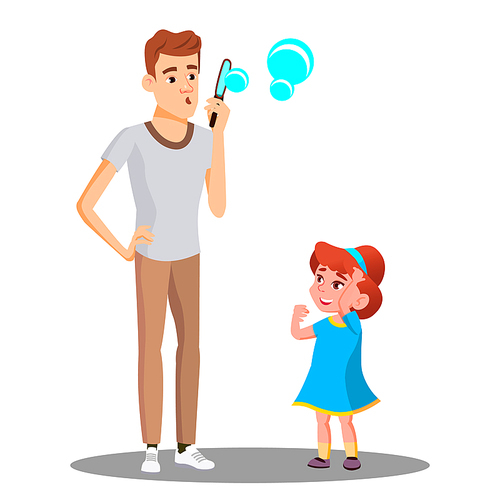 Father With Daughter Blow The Soap Bubbles Vector. Illustration