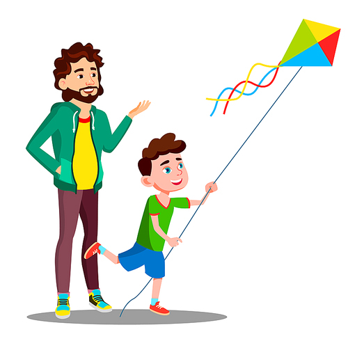 Happy Father And Child Son Launch A Kite Vector. Illustration