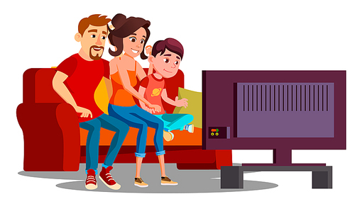 Family Spending Time Together On The Sofa In Front Of Tv Vector. Illustration