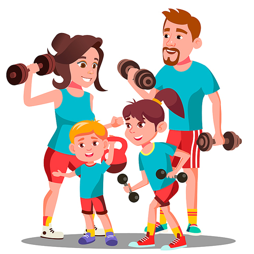 Sports Family, Parents And Children Doing Sports Outdoor Vector. Illustration