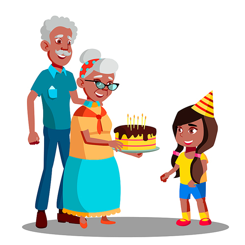 Afro American Old Man, Woman Celebrating Child Granddaughter Birthday Vector. Illustration