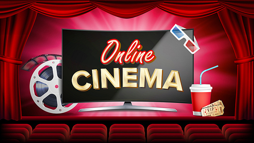 Online Cinema Vector. Banner With Computer Monitor. Red Curtain. Theater, 3D Glasses, Film-strip Cinematography. Online Movie Banner. Illustration