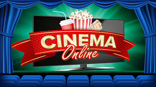 online cinema banner vector. realistic computer monitor. movie  design. template banner for movie premiere, show. blue curtain. theater. marketing luxury illustration.
