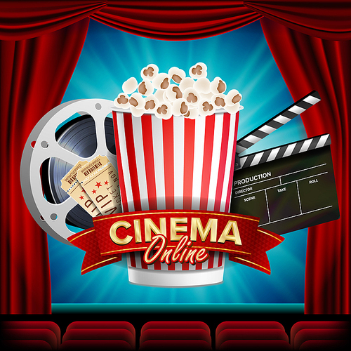 Online Cinema Banner Vector. Realistic. Film Industry Theme. Box Of Popcorn, Elements Of The Movie Theater. Curtain. Illustration