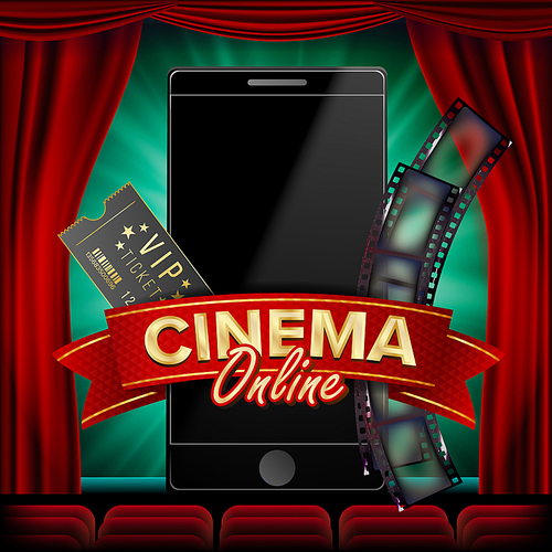 Online Cinema Poster Vector. Modern Mobile Smart Phone Concept. Good For Flyer, Banner, Marketing. Movie Reel, Clapper Board. Theater Curtain. Marketing Banner, Poster Illustration
