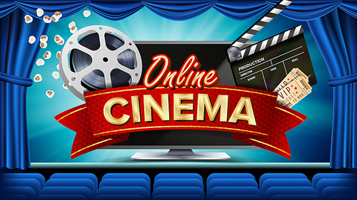 Online Cinema Banner Vector. Realistic Computer Monitor. Movie Brochure Design. Theater Curtain. Template Banner For Movie Premiere, Show. Marketing Poster Illustration.