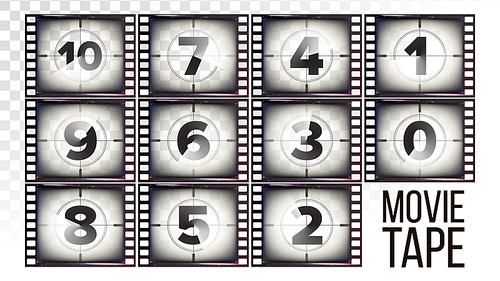 Film Countdown Numbers 10 - 0 Vector. Monochrome Brown Grunge Film Strip. Elements Of Cinema. Start Of The Retro Film. Counting Down Timer Animation. Isolated On Transparent Background Illustration