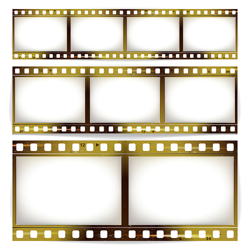 Film Strip Vector Set. Cinema Of Photo Frame Strip Blank Scratched Isolated On White