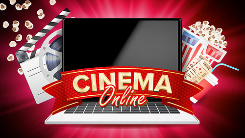 Online Cinema Poster Vector. Modern Laptop Concept. Home Online Cinema. Package Full Of Jumping Popcorn. Luxury Banner, Poster Illustration.