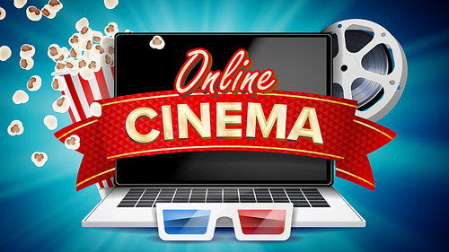 Online Cinema Banner Vector. Realistic Laptop. Film Industry Theme. Box Of Popcorn, Elements Of The Movie Theater. Illustration