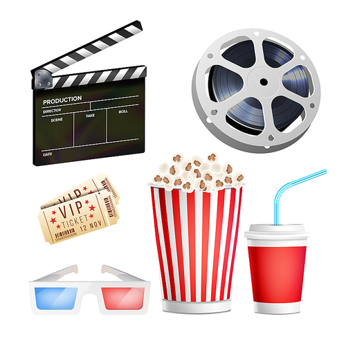 Cinema Movie Icons Set. Realistic Popcorn, 3D Glasses, Film-strip, Reel, video Film Disk With Tape, Film Clapper, Vintage Ticket. Cinematography Movie Festival Concept. Isolated Illustration
