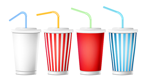 soda cup template vector. 3d realistic paper disposable cups set for beverages with  straw. isolated on white . packaging