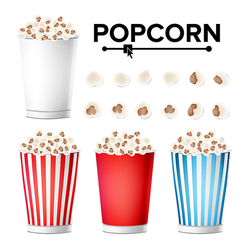 Popcorn Cup Set Vector. Realistic Classic Cup Full Of Popcorn. For Cinema, Movie, Film, Food, Theater Design. Isolated