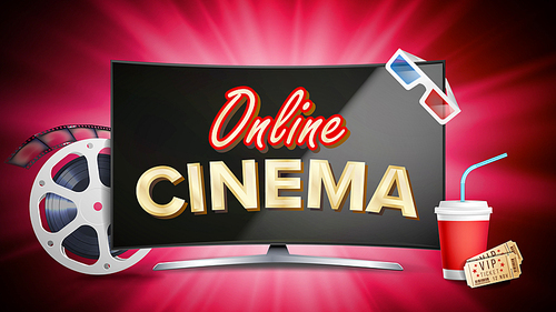 Online Cinema Banner Vector. Realistic Computer Monitor. Movie Brochure Design. Template Banner For Movie Premiere, Show. Marketing Luxury Poster Illustration.