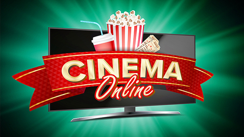 Online Cinema Vector. Banner With Computer Monitor. Popcorn, 3D Glasses, Film-strip Cinematography. Online Movie Banner Sign. Bright Poster. Illustration