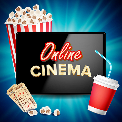 Online Cinema Vector. Banner With Tablet. Cinema Concept Design Template. Cinema Billboard, Signage, Marketing Luxury Poster Illustration.