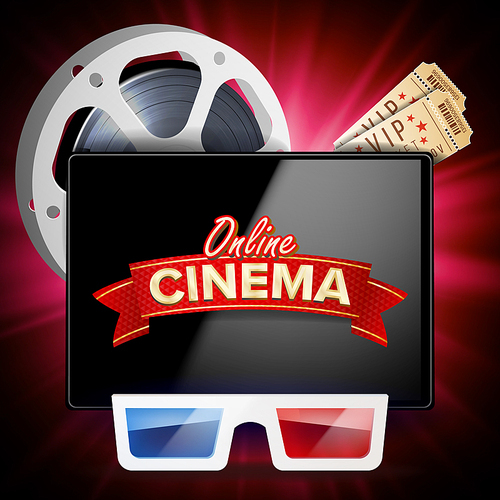 Online Cinema Banner Vector. Realistic Tablet. Popcorn, Drink, Clapping Board. Billboard Marketing Luxury Illustration