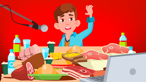 mukbang eating show vector. guy. social eating. popular video streamer viogger. illustration