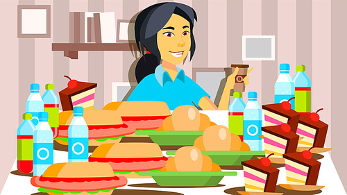 Mukbang Eating Show Vector. Girl. Cooking A Lot Of Food. Korean Social Media. Illustration