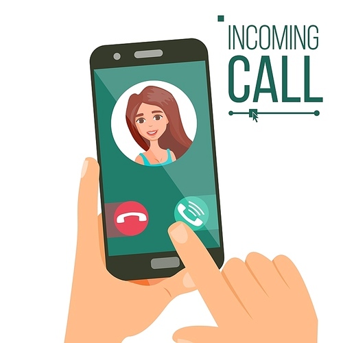 Incoming Call Vector. Woman Face On Mobile Smartphone Screen. Calling Application Interface. Digital Conversation. Friends Communication. Wireless Talking. Isolated Cartoon Illustration