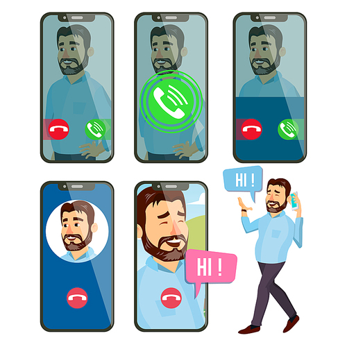 Online Call Vector. Man Face. Mobile Smartphone Screen. Video, Voice Chatting Online. Speaking. Calling Application Interface. On-line Chat App. Communication. Illustration