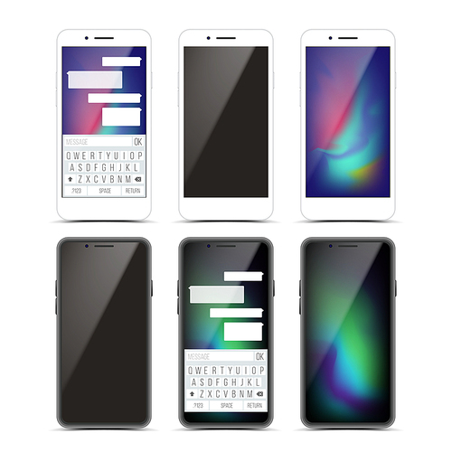 Smartphone Mockup Set Design Vector. Black And White Modern Trendy Mobile Phone Front View. Isolated On White Background. Realistic 3D