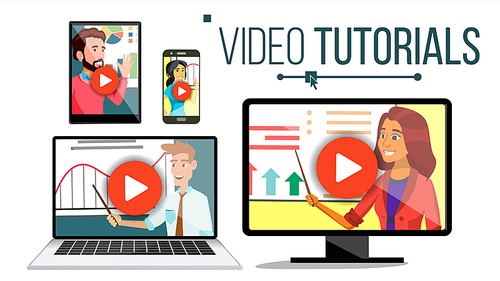 Video Tutorial Vector. Streaming Application. Online Education. Broadcasting. Conference Or Webinar. Distance Knowledge Growth. Phone, Laptop, Notepad Monitor Webinar Training Illustration