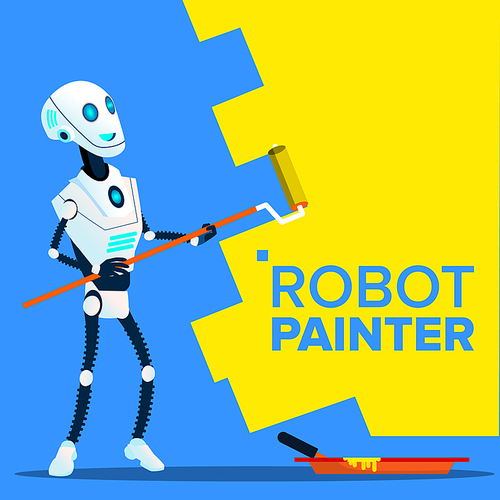 Robot Painter Paints The Wall With Roll Brush Vector. Illustration