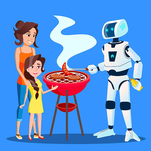 Robot Preparing A Barbecue For Family Vector. Illustration