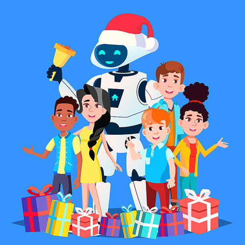 Robot In Santa Claus Hat And Gifts With Children Ringing The Bell Vector. Illustration