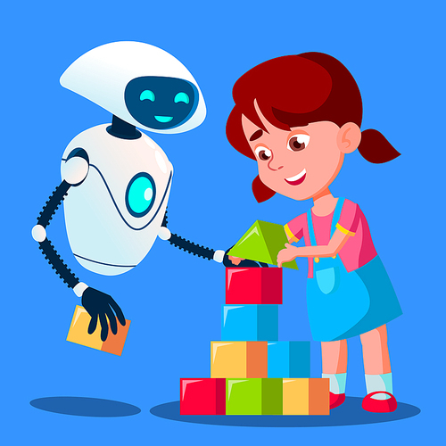Robot Baby Sitter Playing Cubes With Child Vector. Illustration