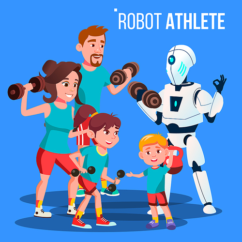 Robot Athlete Personal Fitness Trainer With Dumbbells Vector. Illustration