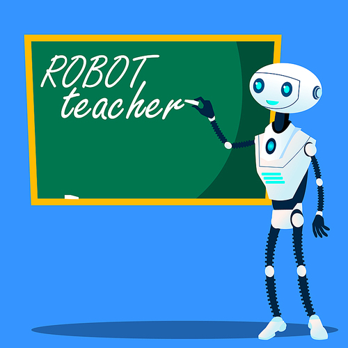 Robot Teacher Writes On Blackboard Vector. Illustration