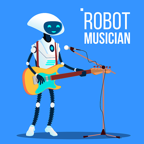 Robot Musician Playing Guitar And Singing Into Microphone Vector. Illustration