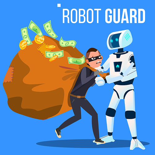 Robot Guard Caught The Thief In Mask With His Hand Vector. Illustration