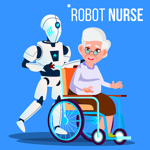 robot nurse rolling . with elderly woman vector. illustration