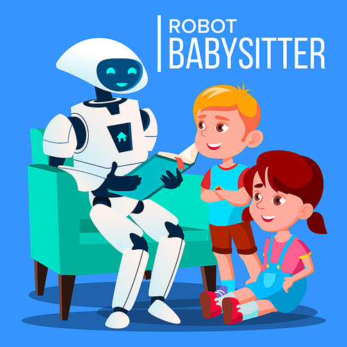 Robot Babysitter Reading A Book To Child On The Sofa Vector. Illustration