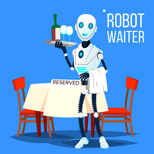 Robot Waiter Holding Tray With Drinks Vector. Illustration