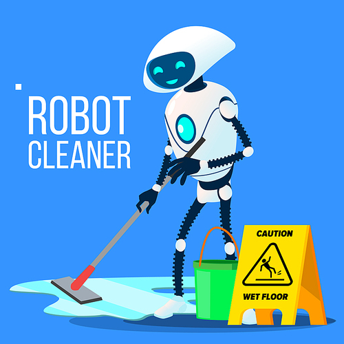 Robot Cleaner Washing The Floor With Bucket And Mop In Hand Vector. Illustration