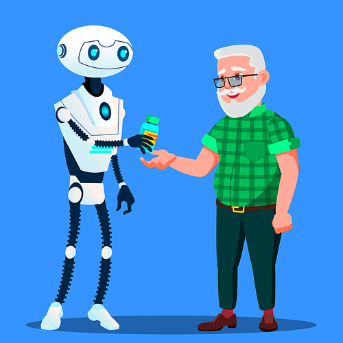 Robot Pharmacist, Doctor Gives Tablets, Pills To Old Man Vector. Illustration