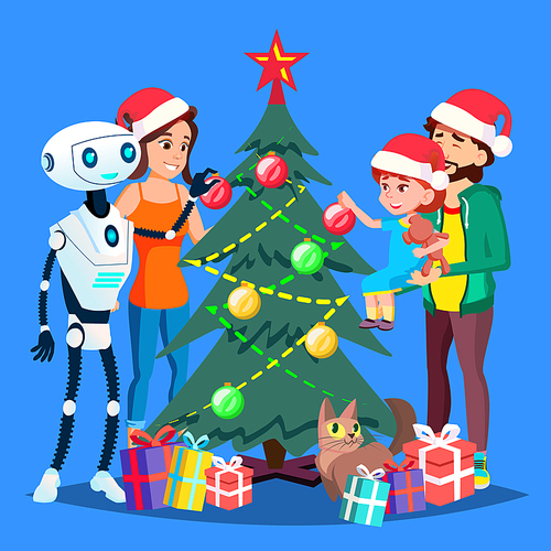 Robot Helps To Decorate Christmas Tree For Happy Family Vector. Illustration