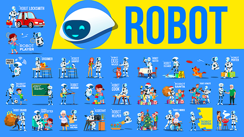 Robot Helper Set Vector. Future Lifestyle Situations. Working, Communicating Together. Cyborg, AI Futuristic Humanoid Character. Artificial Intelligence. Web Robotic Technology Illustration