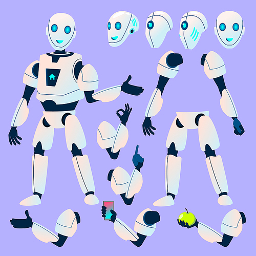 Robot Vector. Animation Creation Set. Modern Robot Helper. Head, Face, Gestures. Animated Artificial Intelligence. For Banner, Flyer, Web Design Humanoid Character Isolated Illustration